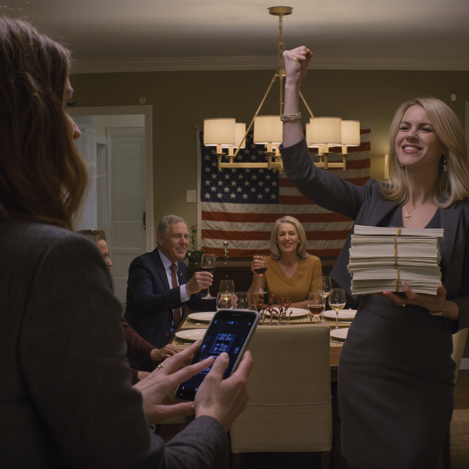 ‘Je kleine spaargeld gevonden,’ grijnsde mijn zus, terwijl ze de obligaties als een waaier heen en weer bewoog. ‘Bedankt voor het studiefonds.’ Mijn ouders hieven trots hun glazen. Ik tikte een keer op mijn telefoon. Agenten van de belastingdienst stormden de kamer binnen.