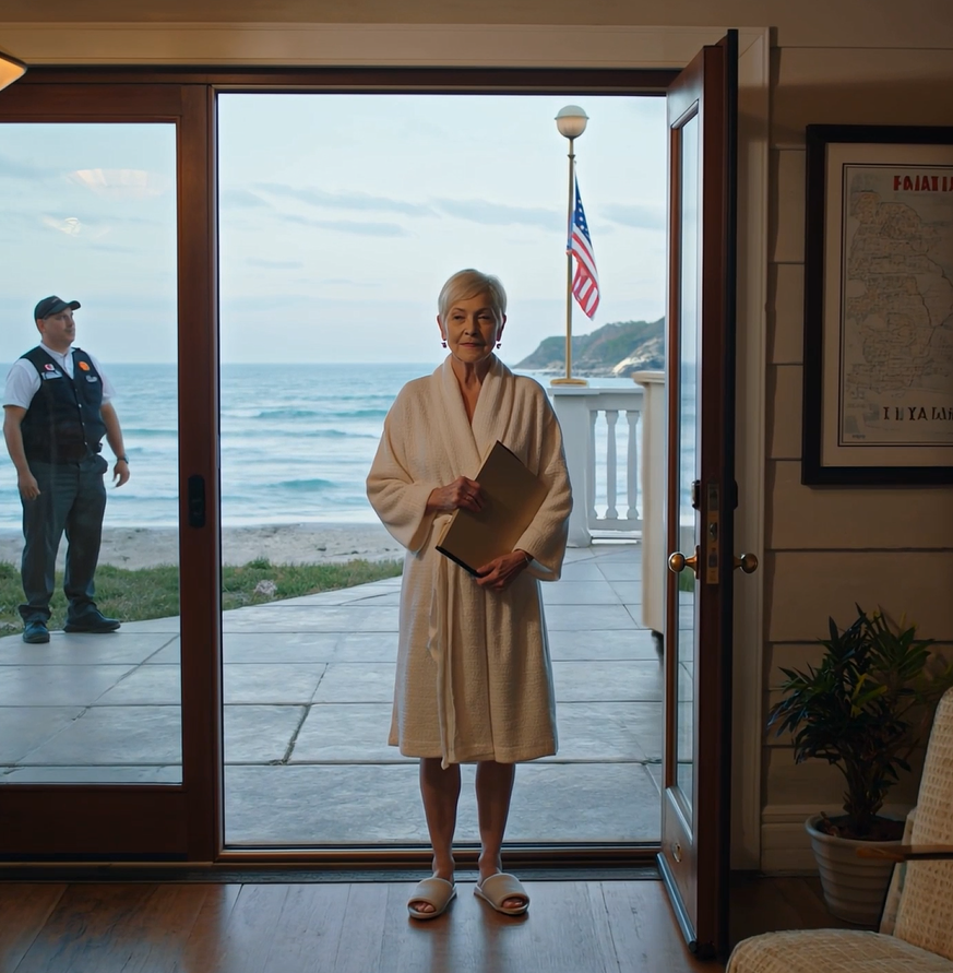 Ik was aan het relaxen in mijn strandhuis in Santa Barbara toen om 5 uur ‘s ochtends het alarm afging. De bewaker zei: “Uw schoondochter is hier met verhuizers. Ze zegt dat ze de eigenaar van het huis is.” Ik glimlachte: “Laat haar binnen… laat haar binnen. Ze staat op het punt een verrassing te krijgen…”