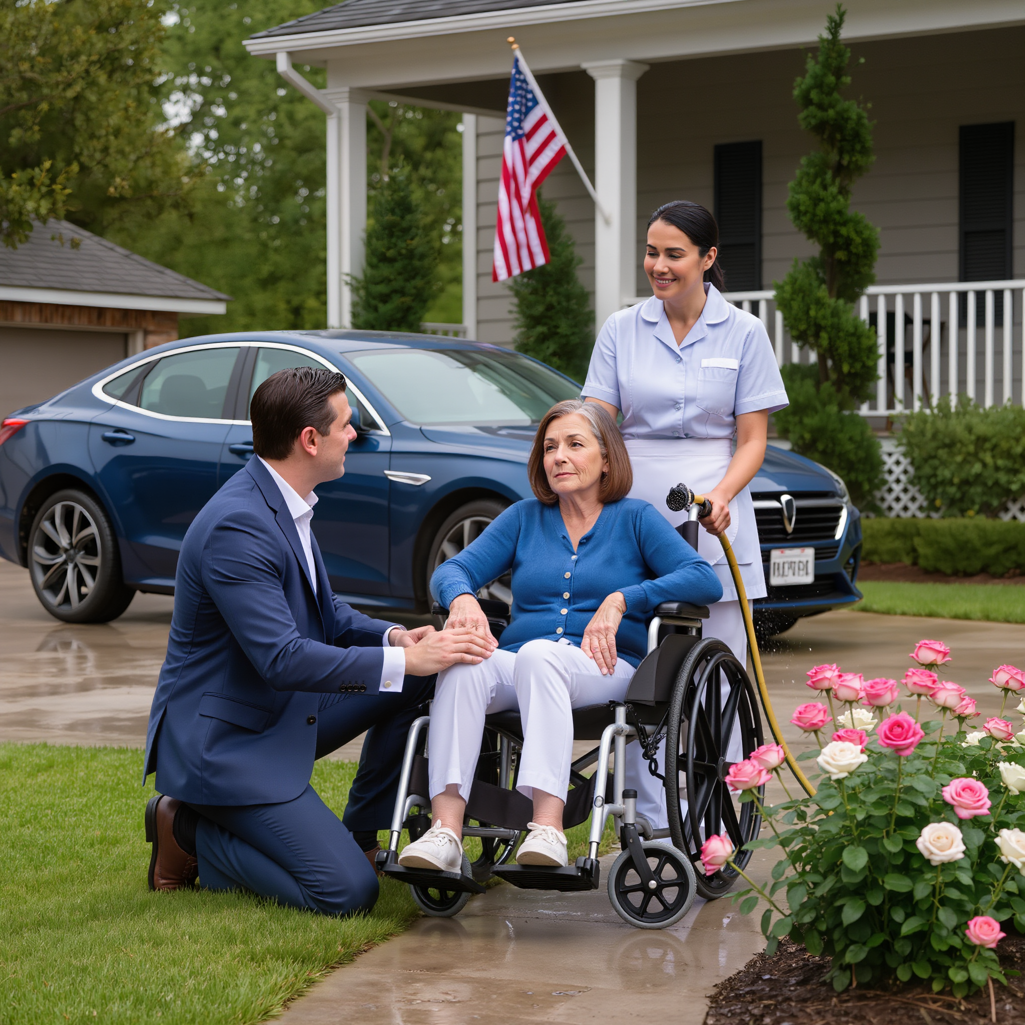 Twaalf jaar lang zat ik stil in een rolstoel omdat mijn zoon het idee niet kon verdragen dat ik ooit weer hoop zou krijgen. Toen reed onze nieuwe huishoudster me het gazon op in Plano, Texas, zette de tuinslang aan op een zachte douchestraal en begon mijn haar te spoelen alsof ze een gewone zondagse klus afmaakte. Mijn zoon kwam in zijn donkerblauwe pak de oprit afgerend en wat ze vervolgens zei, deed hem verstijven.