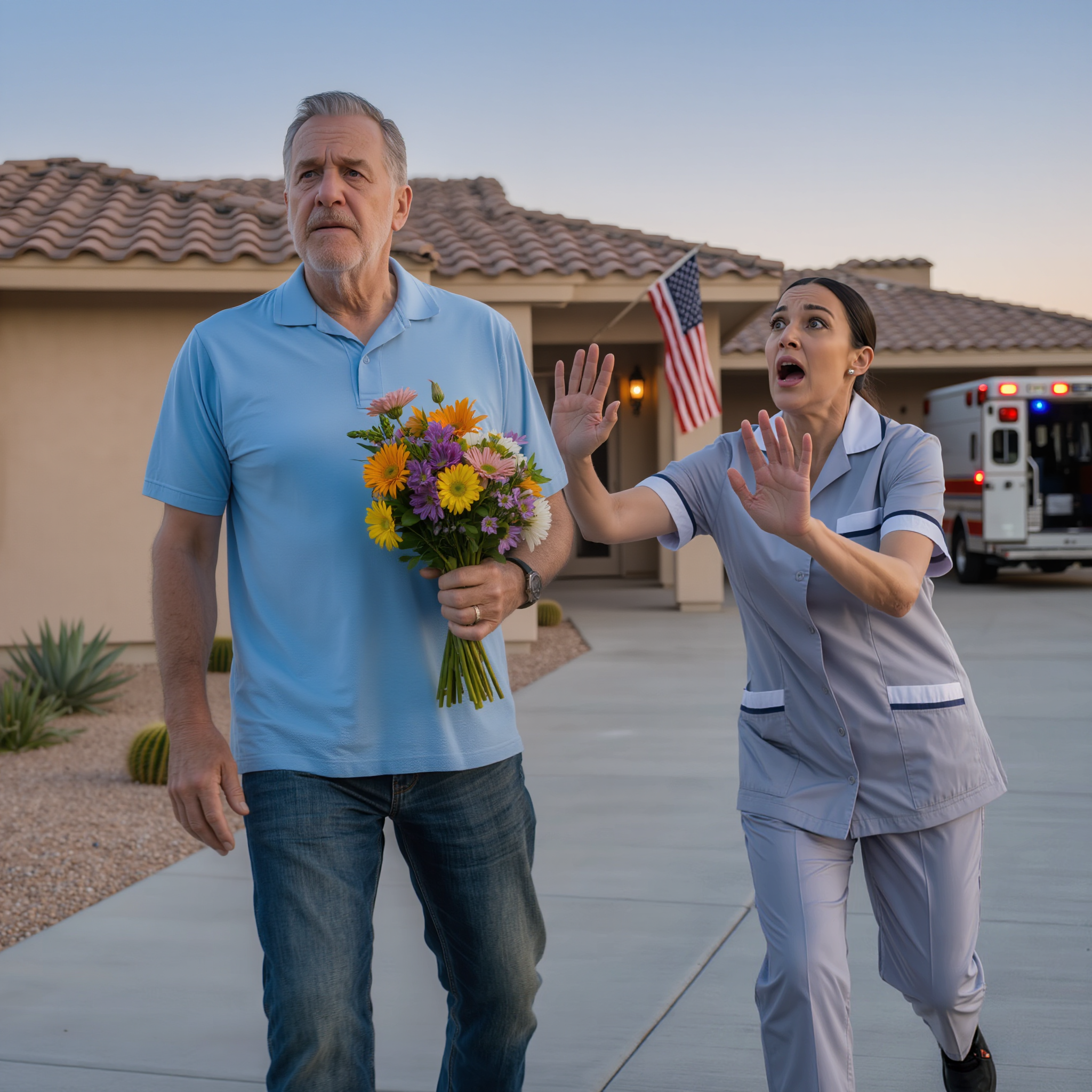Mijn vrouw vloog naar Phoenix om onze zoon te helpen verhuizen naar zijn nieuwe huis. Ik kwam onverwachts langs met een bos bloemen. Nog voordat ik de deurklink kon aanraken, rende de huishoudster van de buren naar buiten en schreeuwde: “Doe de deur niet open!” Tien minuten later loeide een ambulance voor dat huis… en toen besefte ik dat de vier dagen stilte van mijn vrouw geen kleinigheid waren.