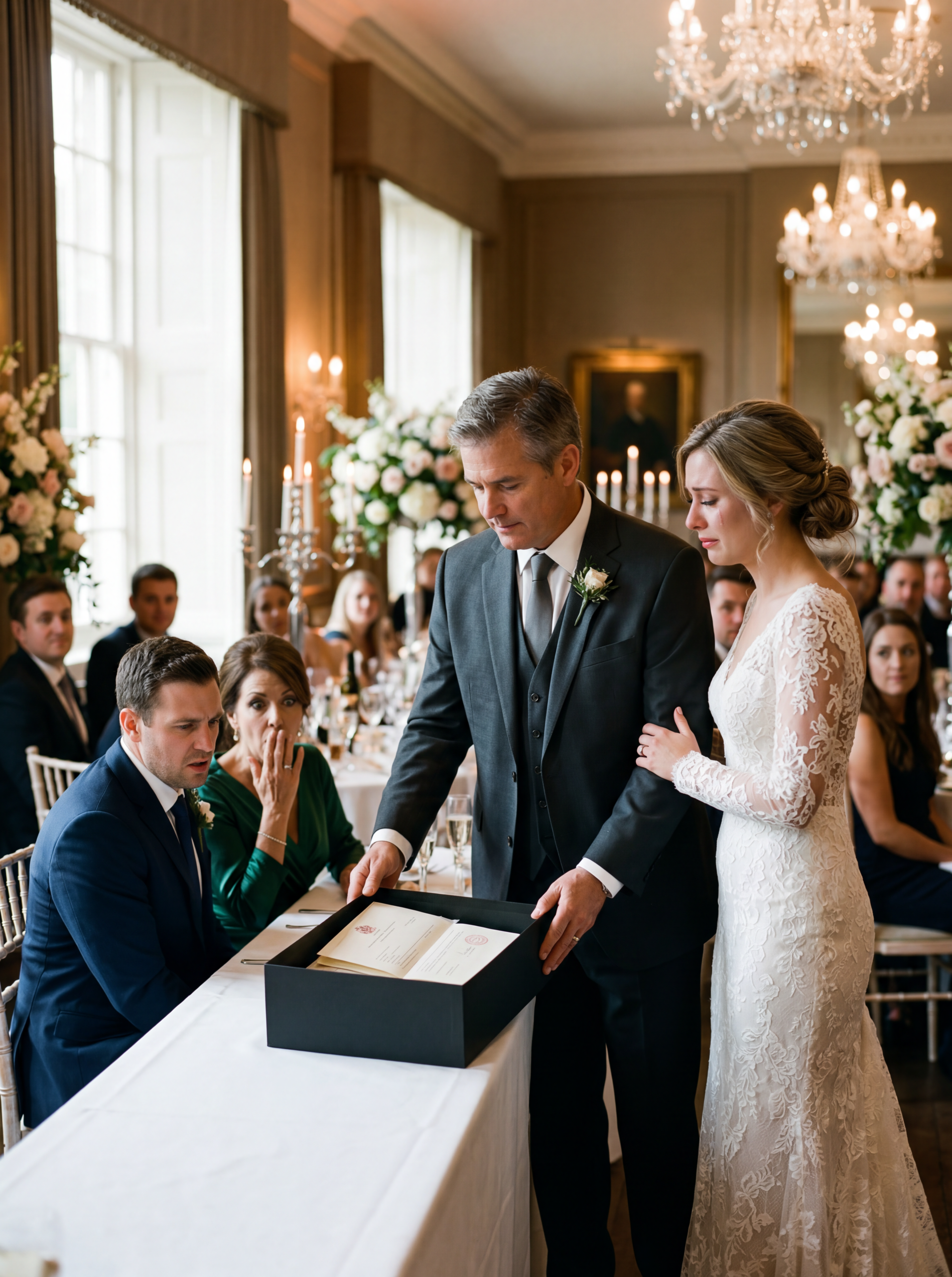 ‘Een klein cadeautje voor de bruid,’ glimlachte mijn schoonmoeder terwijl ze een fluwelen doosje voor me neerzette op mijn huwelijksreceptie. Toen ik het opende, zat er een bruidsmeisjesuniform in. Iedereen lachte – zelfs mijn bruidegom. Maar ze wisten niet dat mijn vader nog een ander cadeau had meegebracht… En minuten later was de bruiloft nooit meer hetzelfde.
