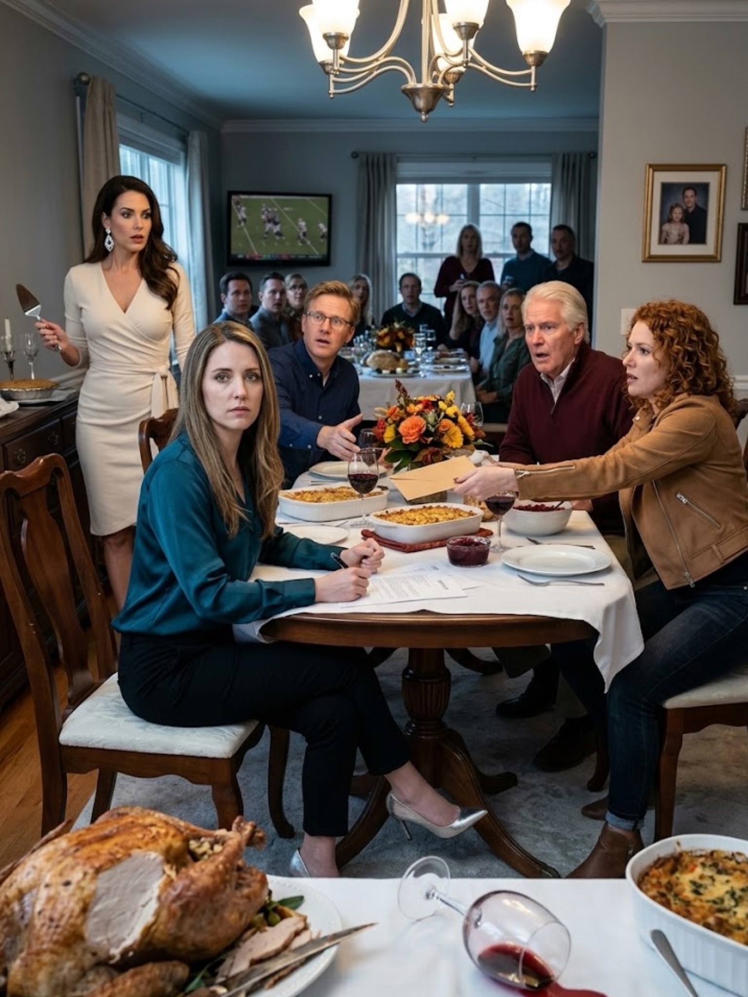 Toen mijn schoonvader de notarieel bekrachtigde scheidingspapieren over de Thanksgiving-tafel schoof, in het bijzijn van 22 gasten, keek mijn man me niet eens in de ogen.