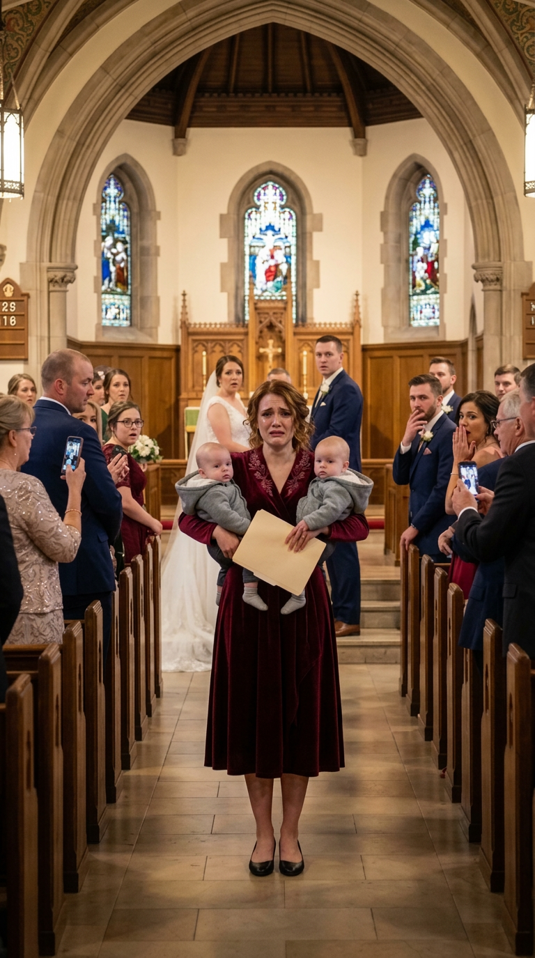 Negen maanden zwanger bonkte ik op de deur en smeekte: “Daniel, alsjeblieft… doe me dit niet aan.” Hij keek niet eens naar mijn buik voordat hij zei: “Je bent een last,” en duwde me de sneeuwstorm in. Ik had die nacht moeten sterven. Maar een jaar later stond hij daar bij het altaar, glimlachend alsof ik nooit had bestaan. Dus liep ik naar binnen met onze tweeling in mijn armen en fluisterde: “Ga je gang, vertel ze wie je werkelijk bent.” Toen richtten alle ogen zich op mij.