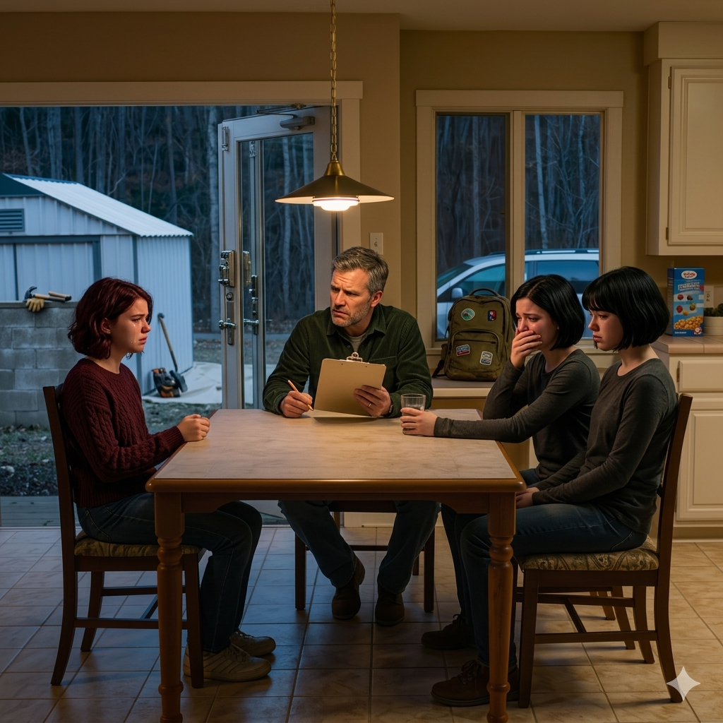 Hver aften ved middagen læste min far vores navne op fra et udklipsholder og tildelte huset, som om det var hans private resultattavle. Den aften han afdækkede hullet bag skuret, forstod jeg, at hvis jeg forblev stille en dag mere, ville min lillesøster betale for det.