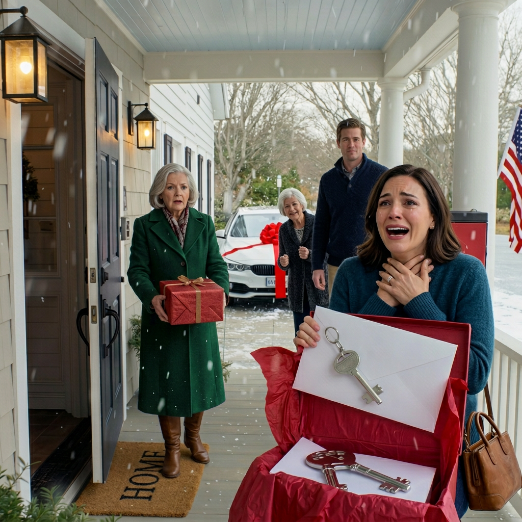 Mijn zoon gaf zijn schoonmoeder een BMW van $60.000 voor Kerstmis. Mijn cadeau? Een spaarpot met slechts $3 erin. Ik glimlachte, reed naar huis en ging naar bed. Toen de zon opkwam, legde ik stiekem een ​​’cadeautje’ voor hun voordeur… en zodra zijn vrouw het opende, verdween haar glimlach zo snel dat het nep leek.