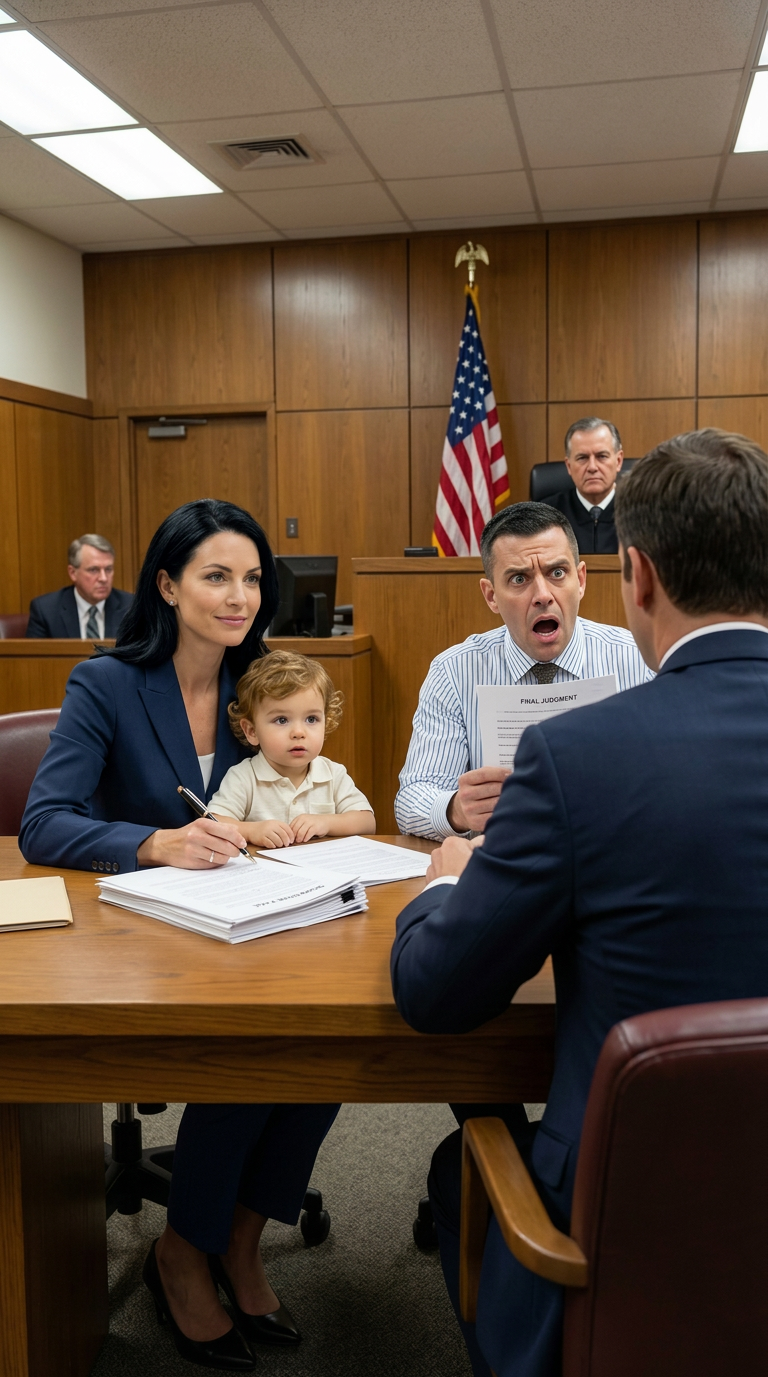 Hij stond in onze keuken en zei: “Ik wil het huis, de auto’s, het spaargeld – alles behalve onze zoon.” Mijn advocaat smeekte me om te vechten, maar ik keek haar recht in de ogen en fluisterde: “Geef hem alles.” Iedereen dacht dat ik gek was geworden. Tijdens de laatste zitting glimlachte mijn ex toen ik alles weggaf… totdat zijn eigen advocaat lijkbleek werd. Op dat moment besefte hij dat ik helemaal niets had verloren.